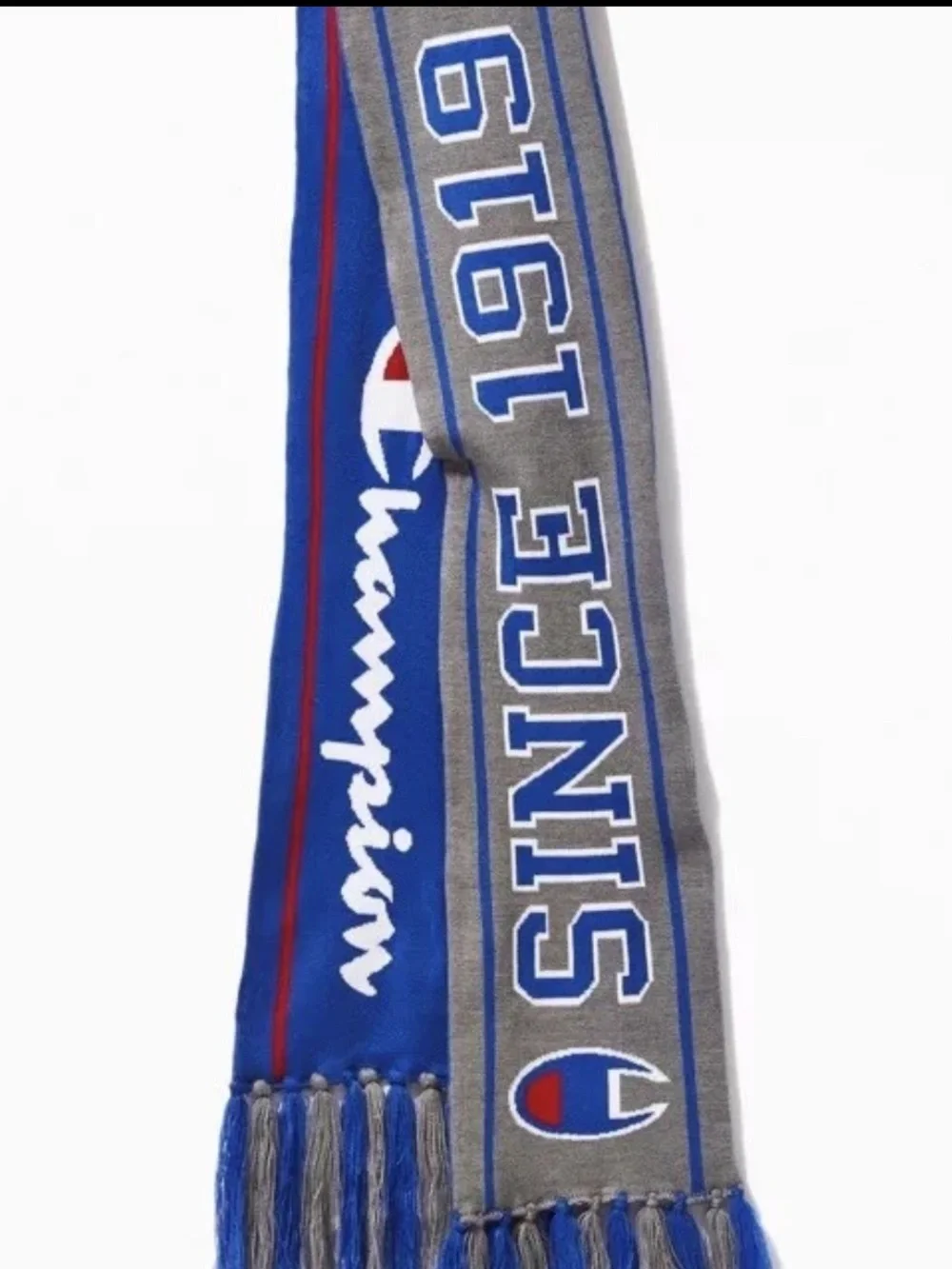 Champion Since 1919 Reversible Knit Scarf Blue Gray Logo Winter Fringe 64”